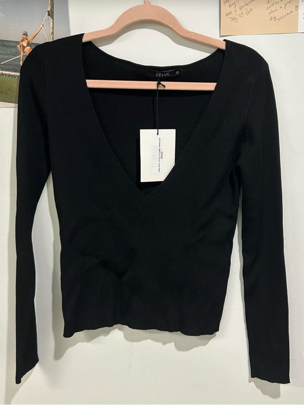 NWT Déluc Black Ribbed Deep V-Neck Long Sleeve Top